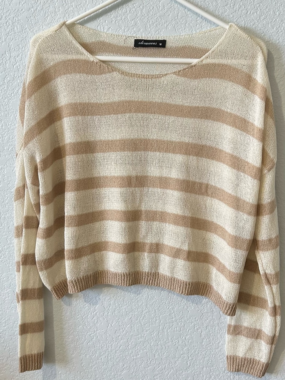 Olivaceous Cream and Tan Striped Lightweight Crew Sweater